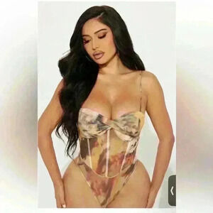 NWT FASHION NOVA Sweet Crush Mesh Bodysuit - Brown/combo